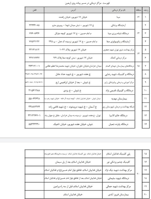 جزئیات راهپیمایی جاماندگان اربعین در پایتخت +لیست مراکز