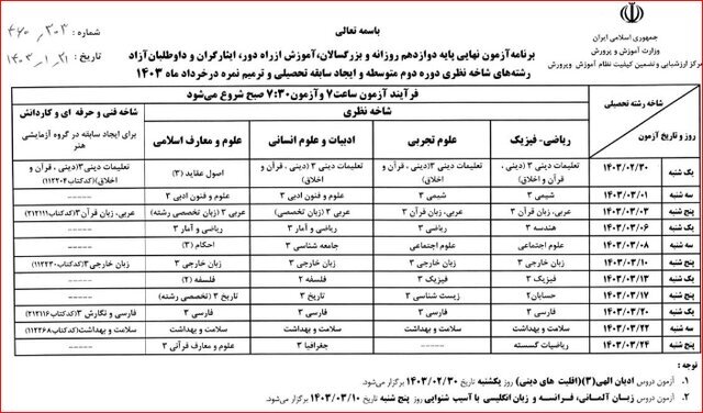 جزئیات امتحانات نهایی خرداد ۱۴۰۳ + تاریخ برگزاری آزمون‌ها